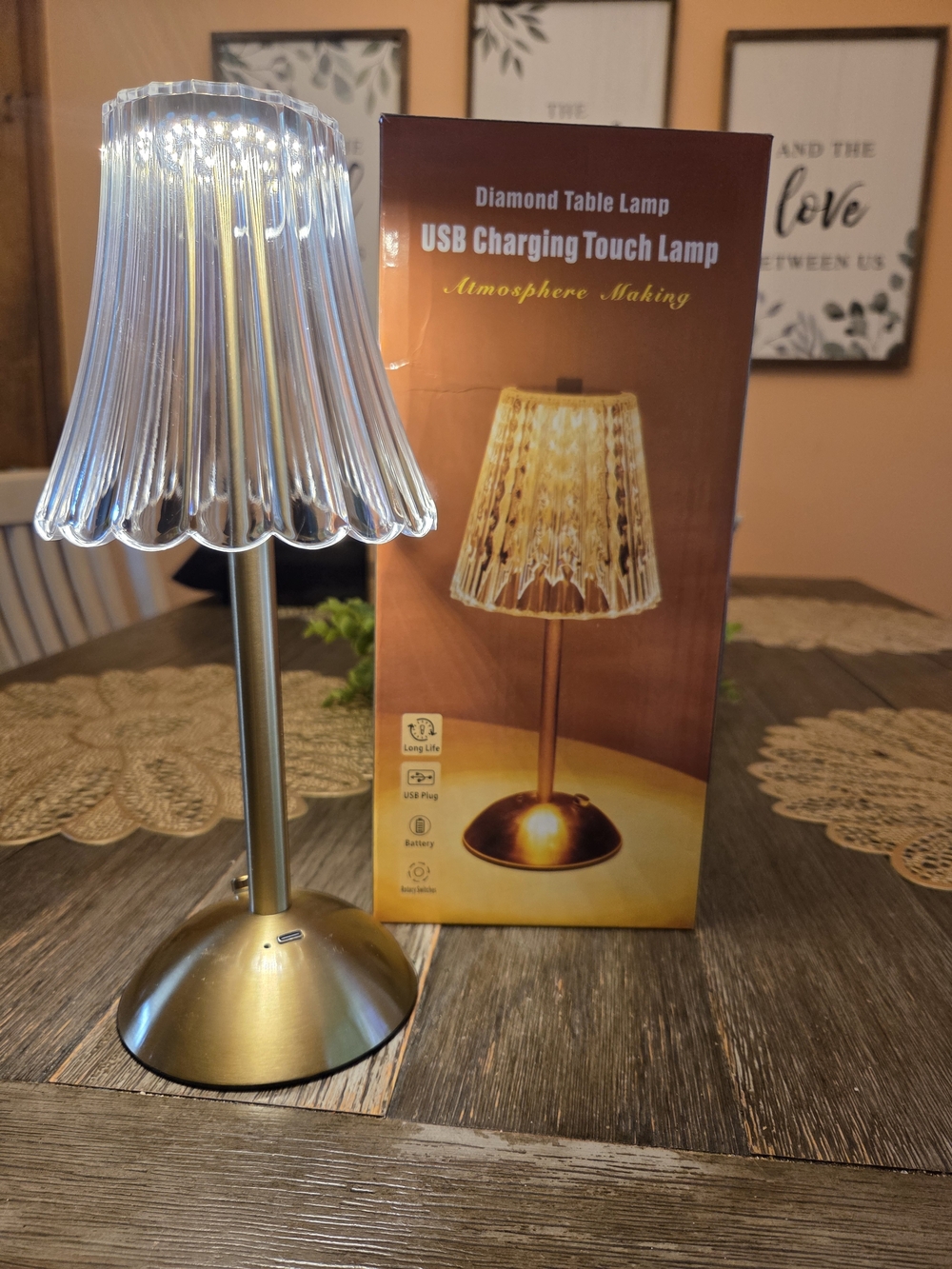 Clear Crystal-Style USB Touch Table Lamp with Gold Base New In Box